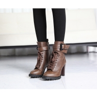Women's rock chic buckle synthetic leather combat sole high heels brown lace up ankle boots