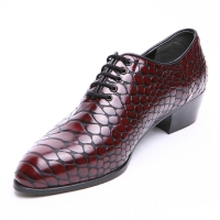 Men's pointed toe snake embossed wine synthetic leather lace up high heels oxfords