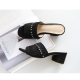 Women's synthetic suede peep toe fringe studded black mules