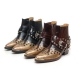 ﻿HAND-MADE Men's black real Leather contrast patch studded side zip western ankle bike rider boots 