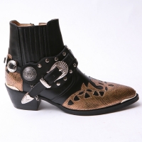 ﻿HAND-MADE Men's black real Leather contrast snake pattern patch studded side zip western ankle bike rider boots 