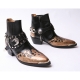 ﻿HAND-MADE Men's black real Leather contrast snake pattern patch studded side zip western ankle bike rider boots 