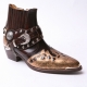 ﻿HAND-MADE Men's brown real Leather contrast snake pattern patch studded side zip western ankle bike rider boots 