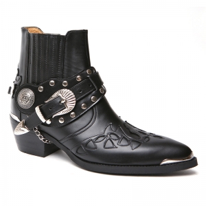 ﻿Men's black real Leather front stitch studded side zip western ankle ...