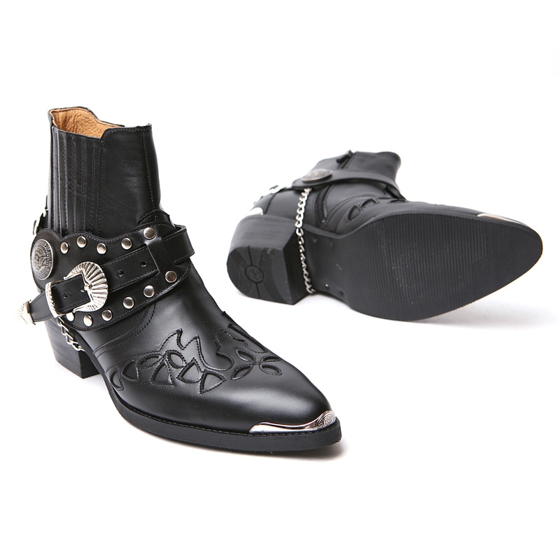 ﻿Men's black real Leather front stitch studded side zip western ankle ...