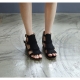 Women's synthetic suede fringe back zip ankle buckle wedge peep toe black sandals