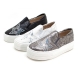 Women's vintage synthetic leather glitter spangle round toe thick platform slip-on sneakers silver