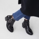 Women's glossy black synthetic leather med chunky heels ankle boots