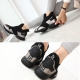 Women's synthetic leather round toe sneakers black silver 
