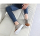 Women's synthetic wrinkles shape leather round cap toe front zip closure contrast tone sneakers navy brown gray US women size10