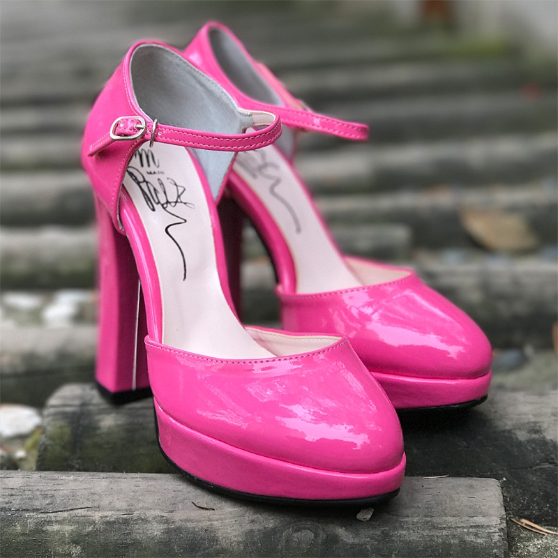 Women's glossy pink amond toe front platform mary-jane ankle strap ...