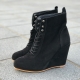 Women's black suede lace up high wedges heels boots