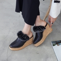 Womens round toe fur triming espadrille wedge black mules