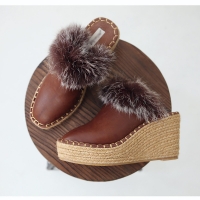 Womens round toe fur triming espadrille wedge brown mules