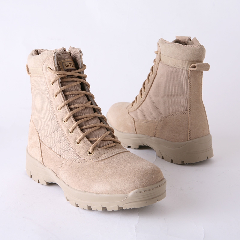 Men's beige suede fabric eyelet lace up combat sole back tap ...
