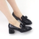 Women's round toe front ribbon pendant detailed black glossy chunky med heels pumps