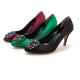 Women's synthetic silky fabric square patched pumps green black  red