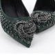 Women's pointed toe front bling glitter jewel studded pendant patched low heels loafers black green