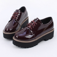 Women's Glossy Synthetic Leather Round Toe Thick Platform Lace Ups Oxfords BLACK WINE