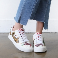 Women's glitter spangle patched lace ups white fashion sneakers