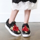 Women's round toe pop up stitch rose patched fashion sneakers slip on black white