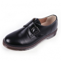 Men's black synthetic leather round toe buckle strap contrast stitch rubber sole lightweight loafers