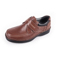 Men's brown leather square toe velcro strap contrast stitch lightweight loafers