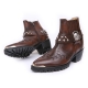 ﻿HAND-MADE Men's brown cow Leather front stitch studded side zip skull western ankle biker boots US6.5~US11.5
