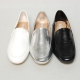 Women's u-line stitch round toe low heel loafers black white silver