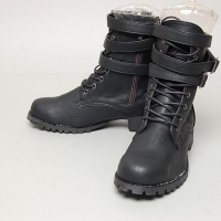 Men's triple belt strap black synthetic leather round toe eyelet lace up side zip combat sole boots