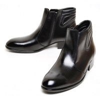 men's plain toe black leather padding entrance wrinkle side zip anke boots