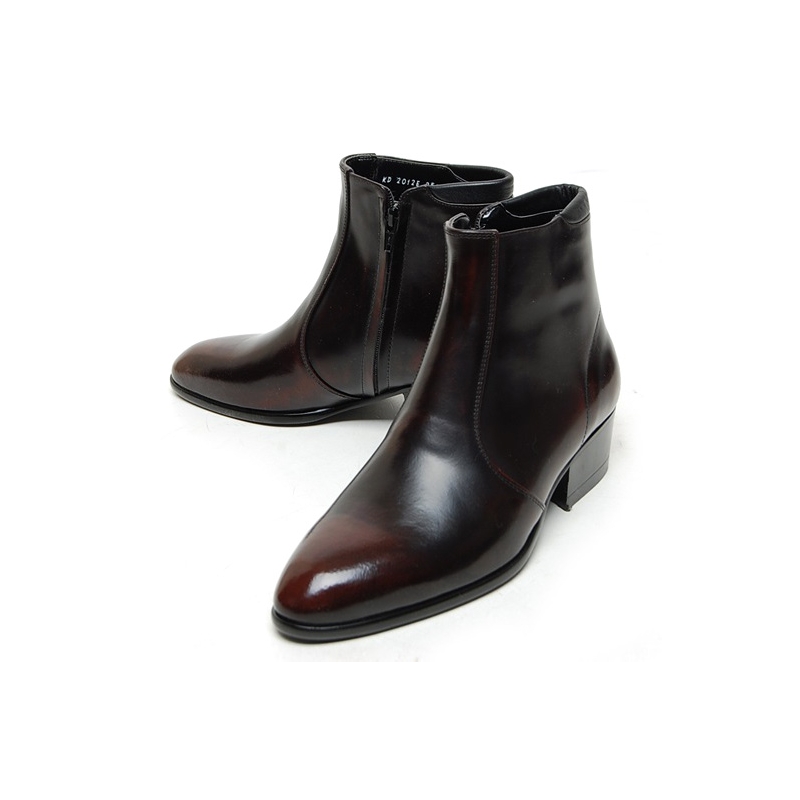 men's plain toe brown leather side zip high heels anke boots