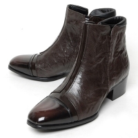 men's cap toe dark brown leather cut out wrinkle side zip high heel ankle boots