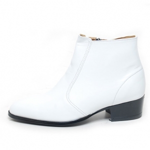 Men's round toe white leather side zip high heels ankle boots