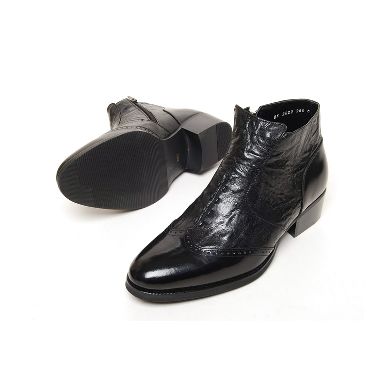 Men's wing tip brogue wrinkle side zip high heel ankle boots