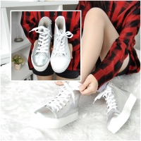 Women's Leather Thick Platform Cap Toe Punching Side Zip High Tops Sneakers