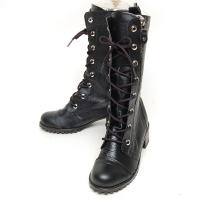Women's Black Leather Cap Toe Outside Zip Eyelet Lace Up Combat Sole Med Heel Mid Calf Boots