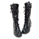 Women's Black Leather Cap Toe Outside Zip Eyelet Lace Up Combat Sole Med Heel Mid Calf Boots