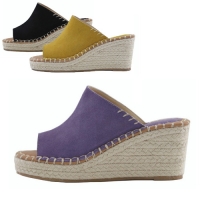 Women's Open Toe Cow Leather Espadrille Thick Platform High Wedge Heel Mules
