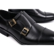 Men's cap toe black leather double buckle monk strap shoes