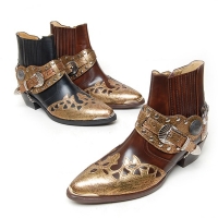 ﻿HAND-MADE Men's Leather contrast patch studded side zip snake pattern western ankle bike rider boots 2.17" heels
