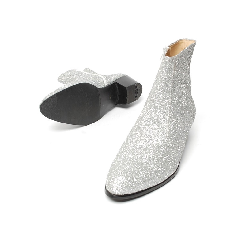 Men's glitter silver western zipper Ankle mid-calf boots made in KOREA ...