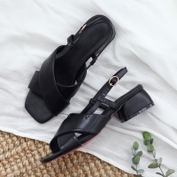 Women's cross strap chunky heels black slingback sandals