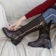 Round toe mid calf Med chunky heels long boots brown