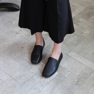 Women's black square toe flat loafer shoes