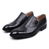 Men's Black Leather Cap Toe Loafers Dress Shoes