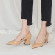 Pointed Toe Glossy Beige Chunky Med Heel Pumps