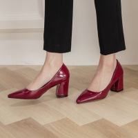 Pointed Toe Glossy Wine Chunky Med Heel Pumps