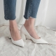 Women's White Pointed Toe Chunky Block Med Heel Pumps