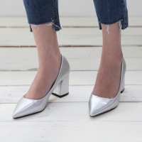Women's Silver Pointed Toe Chunky Block Med Heel Pumps